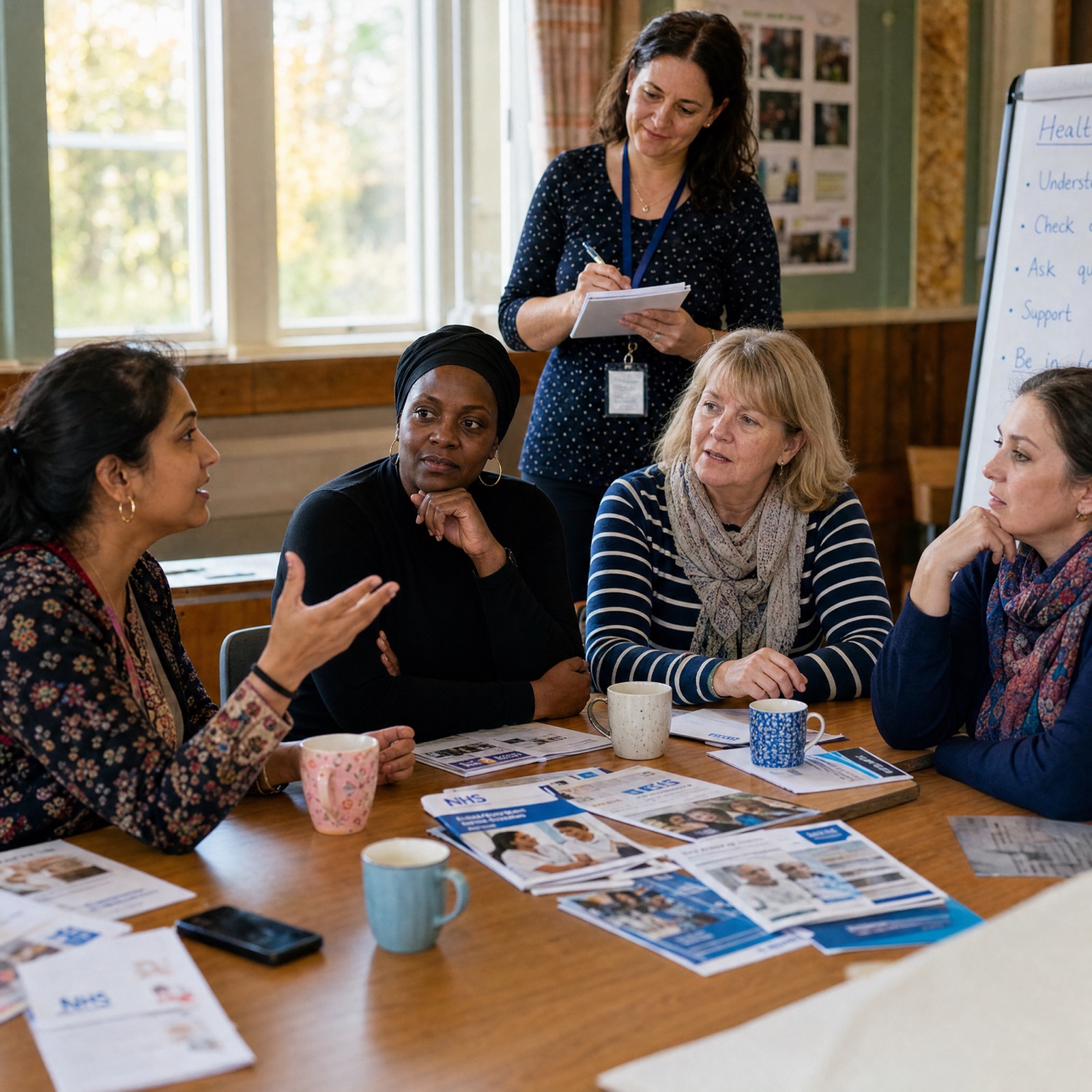 A health advocate sits alongside a community member at a table, reviewing health documents together in a busy Dundee community centre.